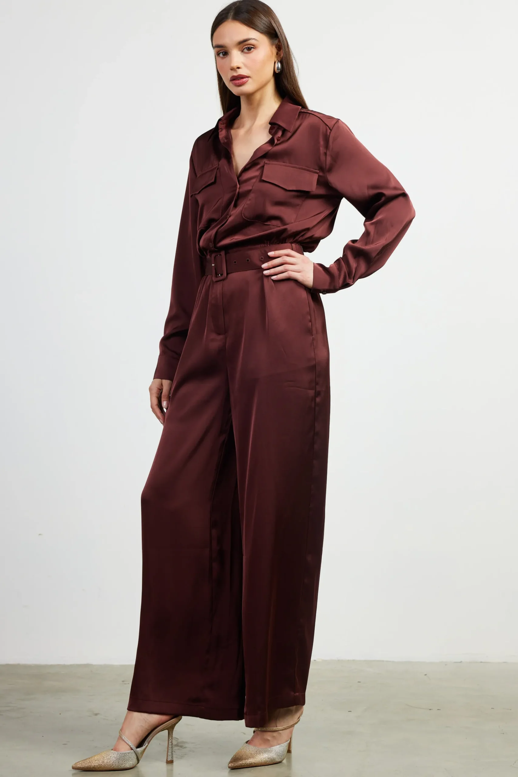 SKIES ARE BLUE Satin Button Down Belted Jumpsuit* Jumpsuits