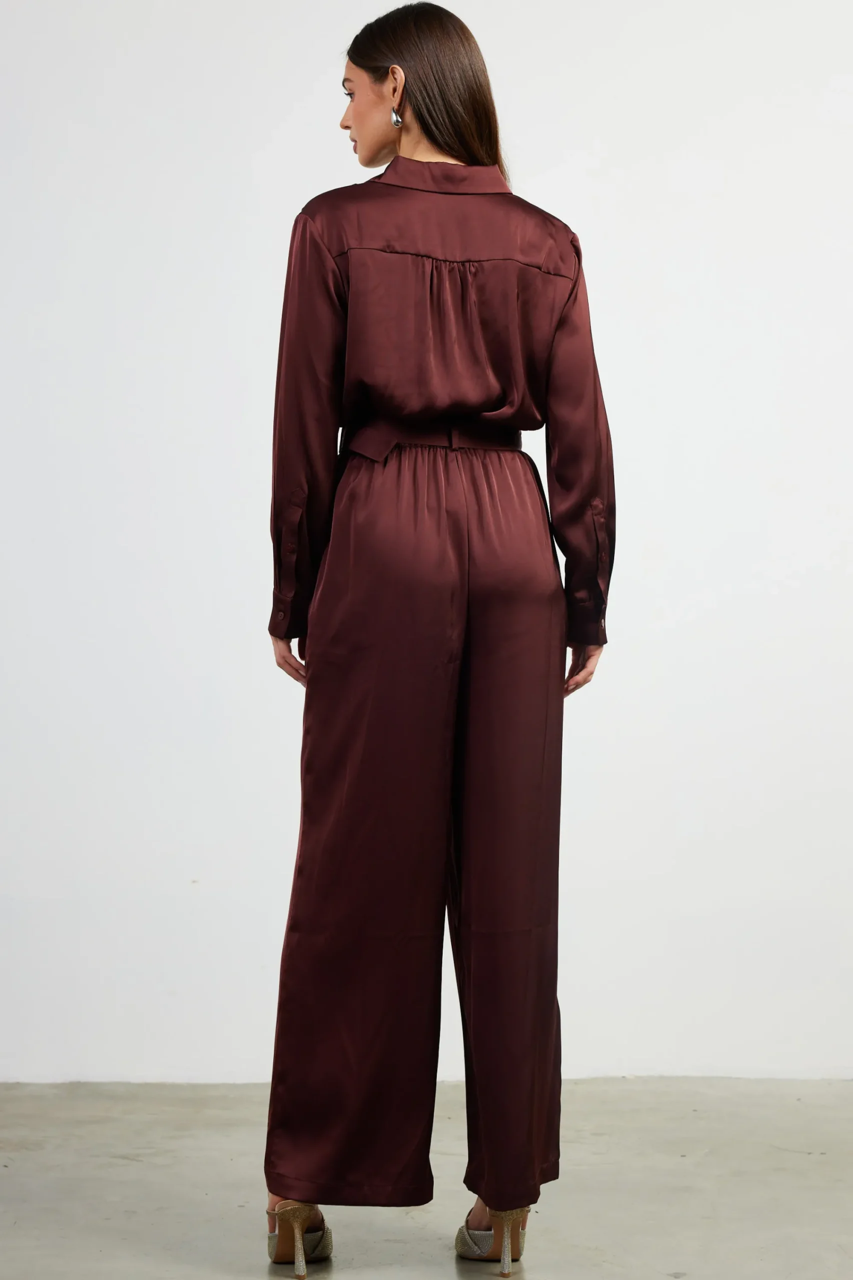 SKIES ARE BLUE Satin Button Down Belted Jumpsuit* Jumpsuits
