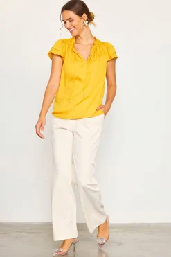 SKIES ARE BLUE Satin Ruffled Detail Top* Short Sleeve Tops