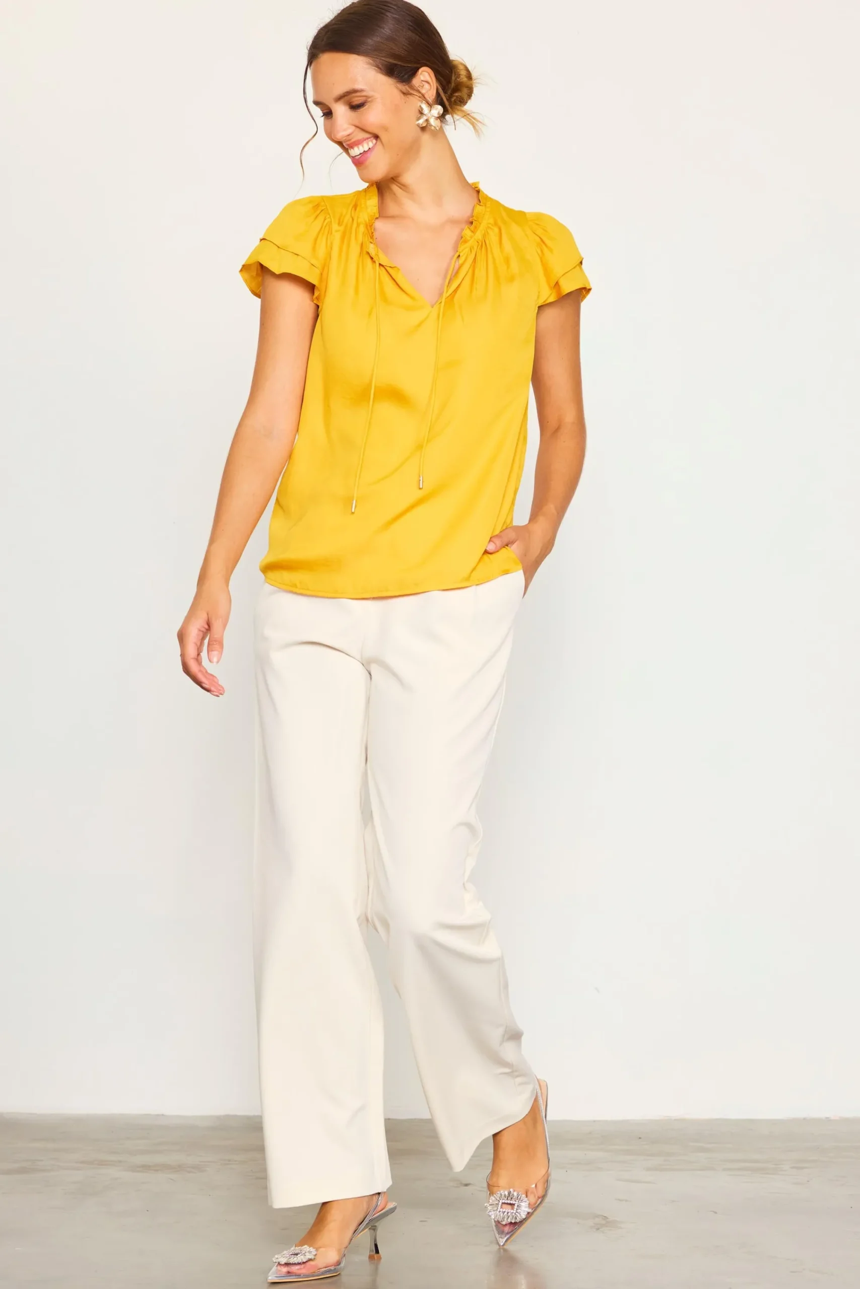 SKIES ARE BLUE Satin Ruffled Detail Top* Short Sleeve Tops
