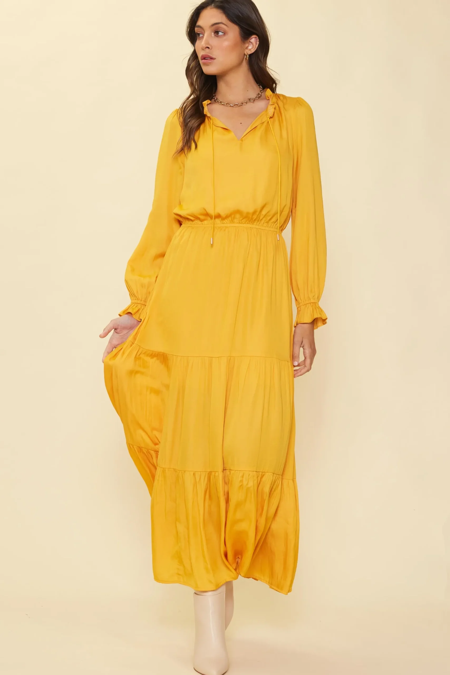 SKIES ARE BLUE Satin Ruffled Maxi Dress* Maxi Dresses