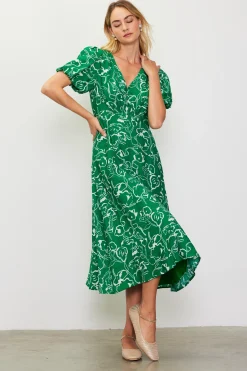 SKIES ARE BLUE Shirred Shoulder Print Midi Dress* Midi Dresses