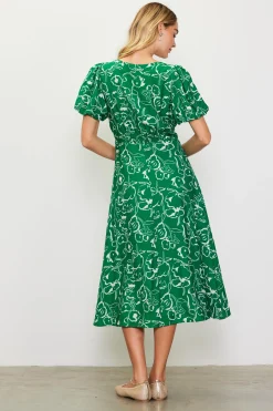 SKIES ARE BLUE Shirred Shoulder Print Midi Dress* Midi Dresses