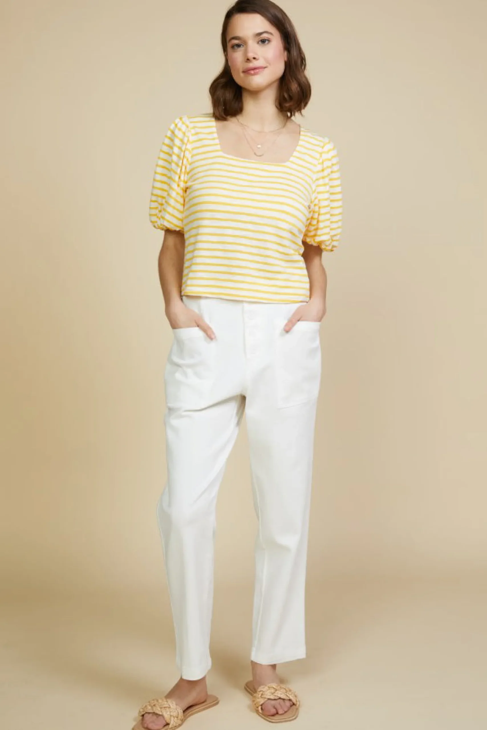 SKIES ARE BLUE Square Neck Striped Top* Short Sleeve Tops