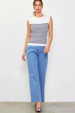 SKIES ARE BLUE Stripe Ruffle Sleeve Knit Top* Sleeveless Tops