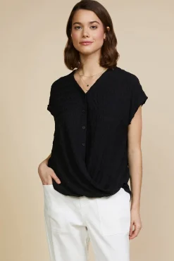 SKIES ARE BLUE Textured Striped Buttoned Top* Short Sleeve Tops