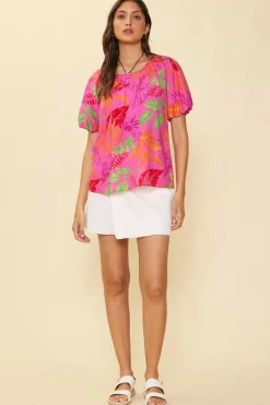 SKIES ARE BLUE Tropical Print Bubble Sleeve Top* Short Sleeve Tops