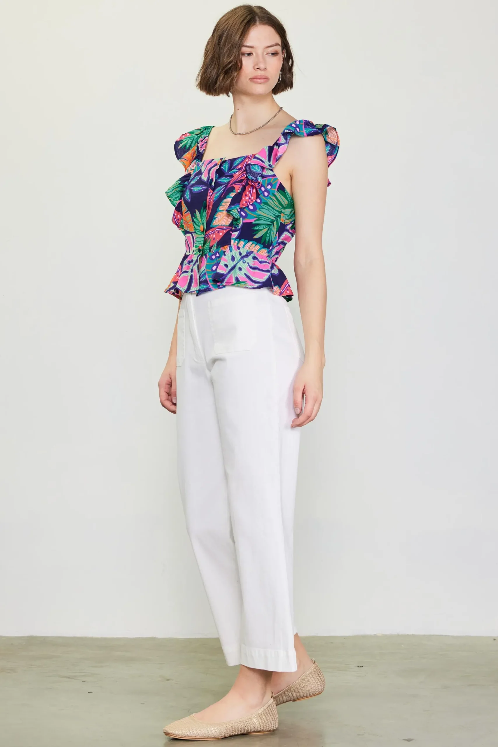 SKIES ARE BLUE Ula Print Ruffled Sleeve Top* Sleeveless Tops