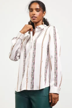 SKIES ARE BLUE Vertical Stripe Satin Button Down* Long Sleeve Tops